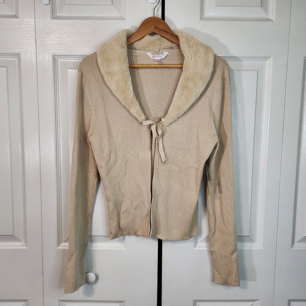 No Boundaries Tan Ribbed Knit Cardigan Removable Faux Fur Collar Tie Front XL